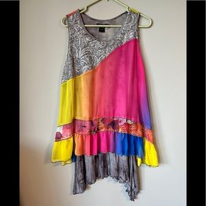 Boho Women’s Sleeveless Tunic Bright Mixed Print Sheer With Tie Dye Size Medium